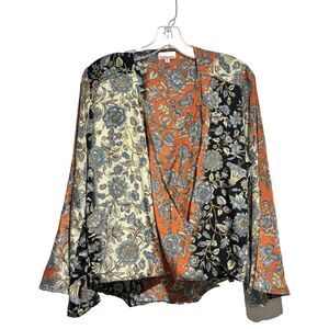 CIENNA S/M Silk Blend Naala Cross Over Long Sleeve Top Blouse Boho Black Paisley